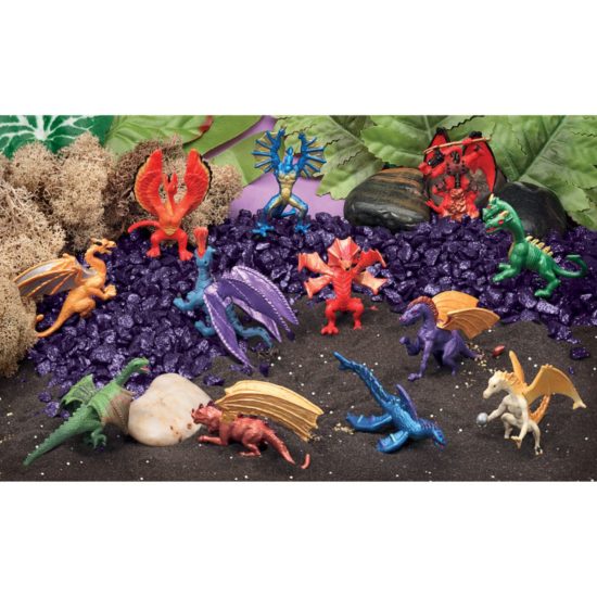 Small world Dragon Scene Kit with 12 dragons and purple gravel.