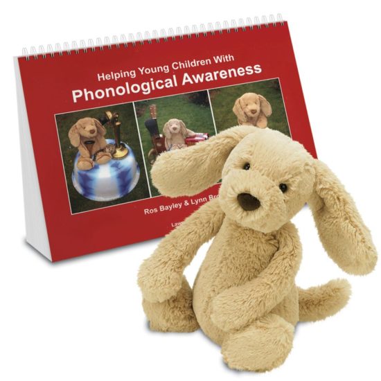 Helping Young Children with Phonological Awareness activity book and Mr Tig Tog the soft toy dog