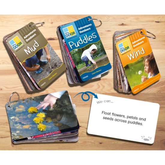 Three portable plastic cards sets with outdoor play ideas for mud, wind and puddles