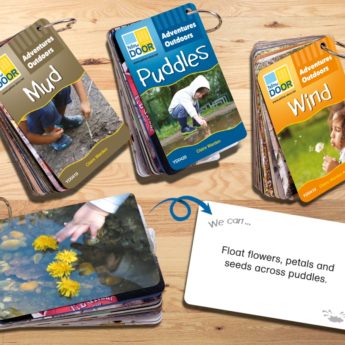 Three portable plastic cards sets with outdoor play ideas for mud, wind and puddles