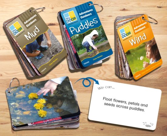 Three portable plastic cards sets with outdoor play ideas for mud, wind and puddles