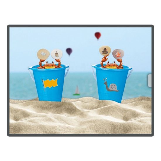 Rhyming word game app. Match the pebble to the bucket on the beach.