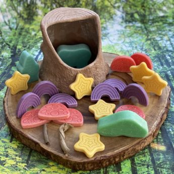 A collection of fairy tale-inspired play stones (toadstool, rainbow and star) made from a durable stone mix