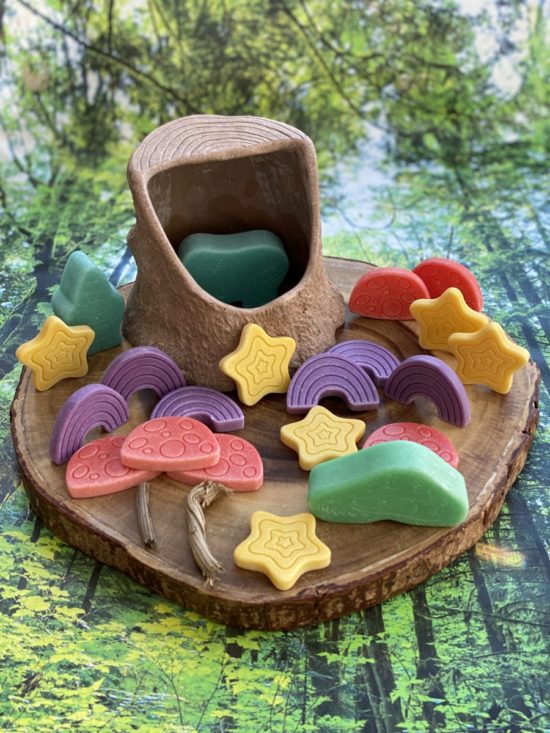 A collection of fairy tale-inspired play stones (toadstool, rainbow and star) made from a durable stone mix
