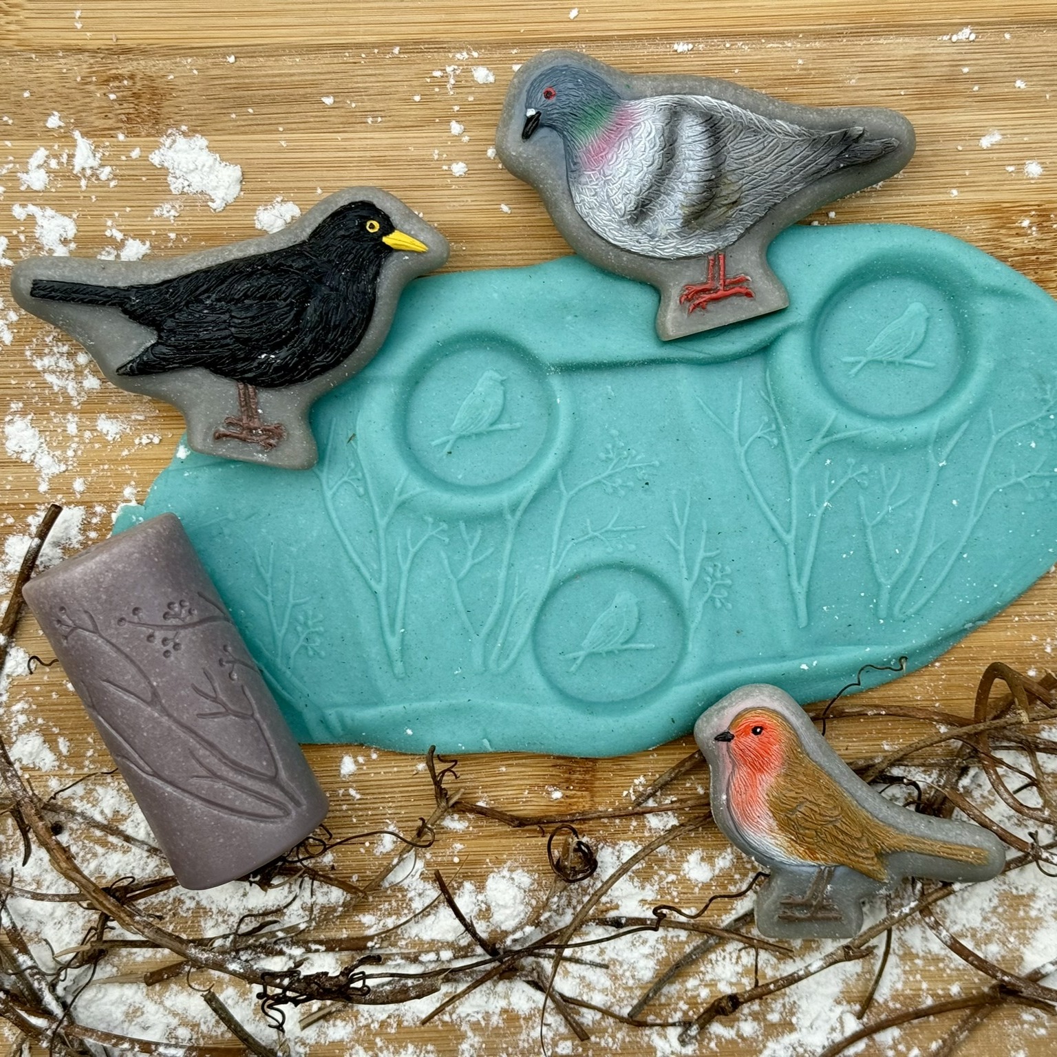 Let's roll seasons trees with birds and twigs in winter