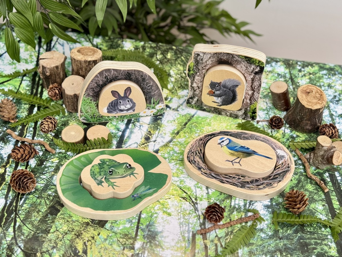 who's hiding woodland animals Bird and nest, Frog and lily pad, Rabbit and burrow, Squirrel and tree